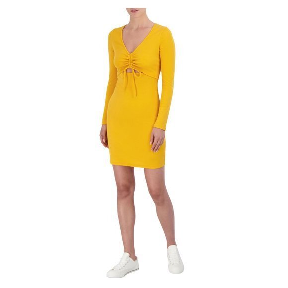 BCBG Paris Women's Rib Knit Cut Out Dress Long Sleeve Yellow Medium NWT - Picture 1 of 9